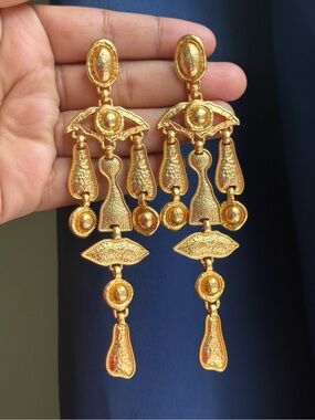 Schiaparelli Inspired Gold Statement Dangle Earrings- Sculptural Eye & Lip Motif